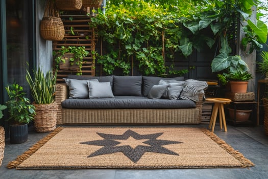 Comfortable wicker sofa inviting you to relax in a green patio photo