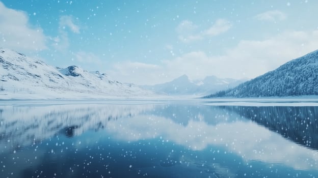 Winter Lake with Falling Snow and Mountain Views photo