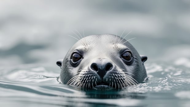 A close up of a sea lion's face in the water photo
