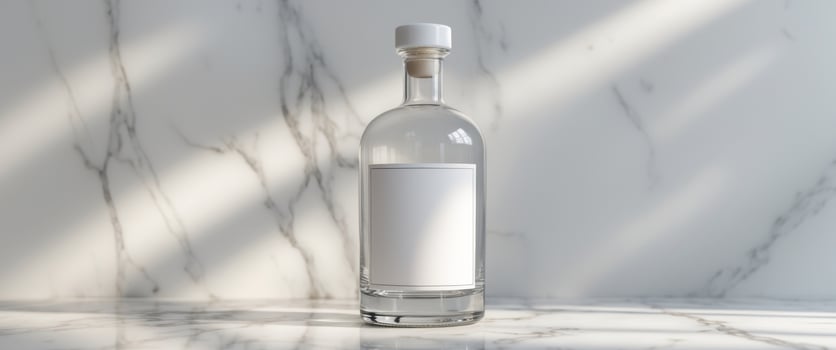 Elegant liquor bottle with blank label resting on marble surface photo