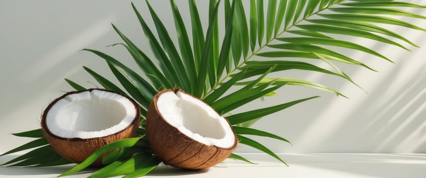 Fresh Coconut Halves with Green Palm Leaves on Light Background photo