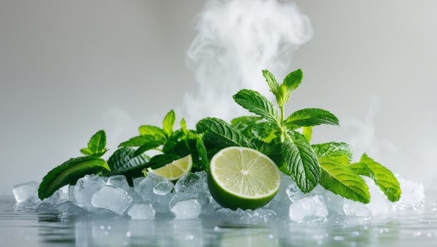 Fresh limes and mint leaves on ice create refreshing drink scene photo