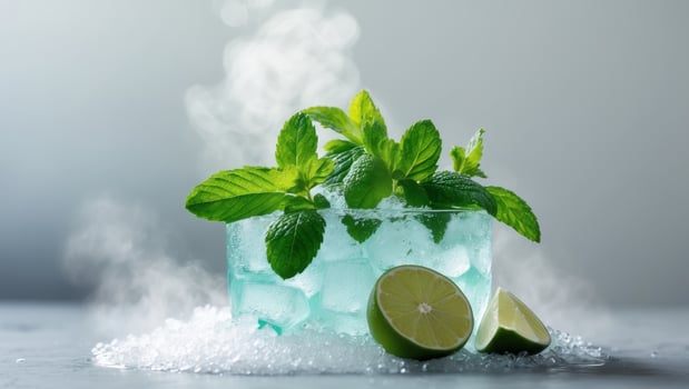 Fresh limes and mint leaves on ice create refreshing drink sceneFresh limes and mint leaves on ice create refreshing drink scene. photo