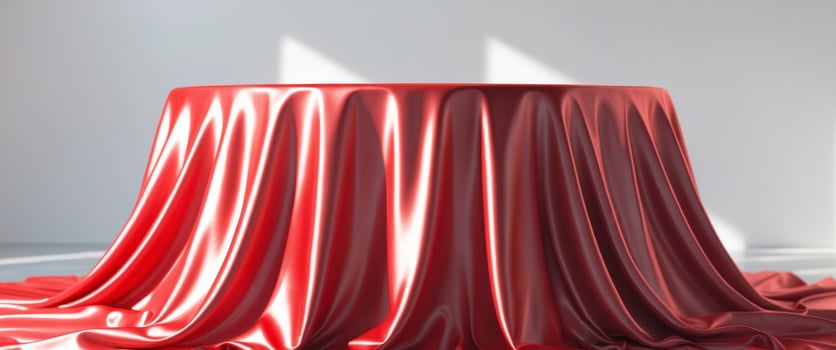 A red tablecloth draped over a round table photo
