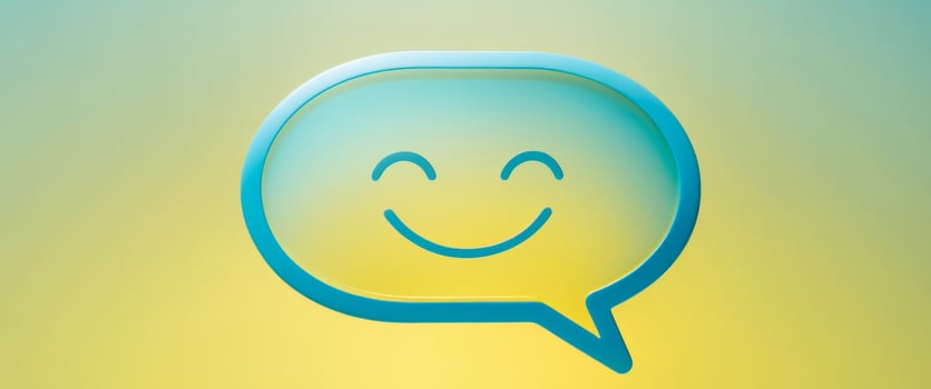 Smiling blue speech bubble on vibrant yellow background photo