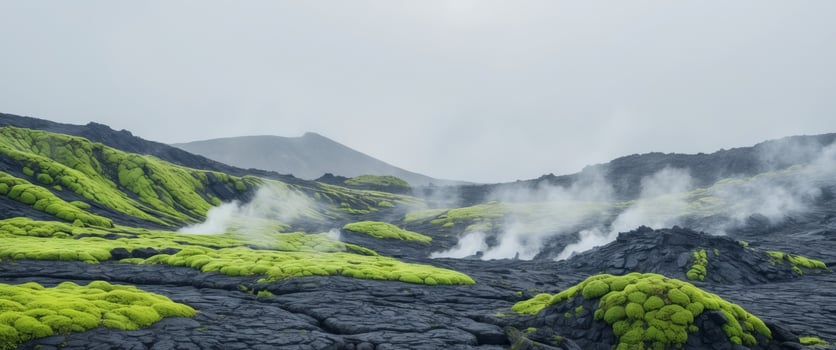 Volcanic Landscape with Steam and Mossy Lava FieldsVolcanic Landscape with Steam and Mossy Lava Fields. photo