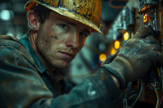 A man in a hard hat and overalls working on a machine photo