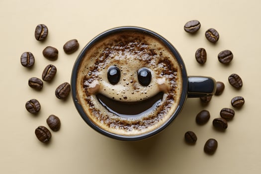 Creative Coffee Art Smiley Face Cappuccino Amidst Coffee Beans for Cafeteria Decor photo