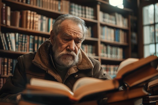 An old man reading a book in a library photo