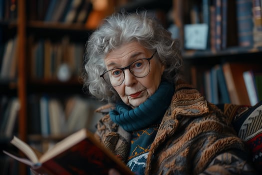 An older woman with glasses reading a book photo