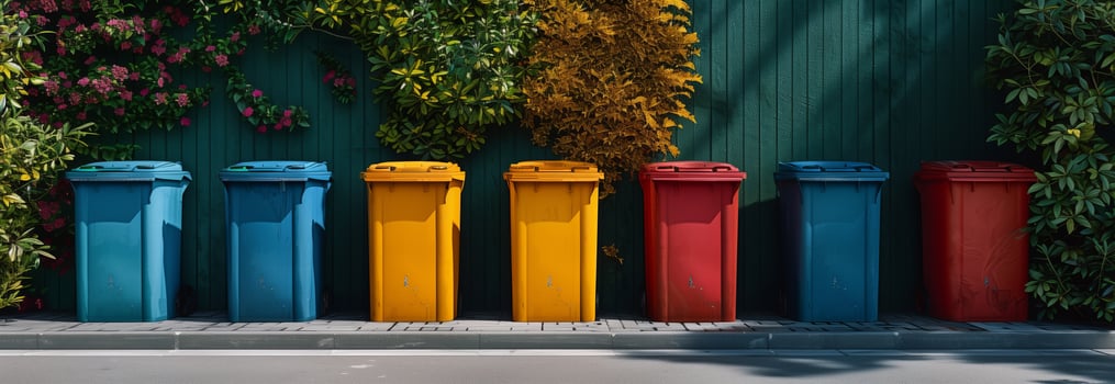 A row of colorful trash cans in front of a green wall photo