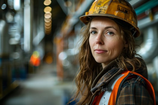 A woman in a hard hat standing in a factory photo