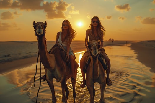Two women riding camels on the beach at sunset photo