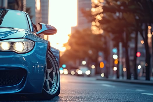 Blue sport car on the road at sunset with city lights in the background photo