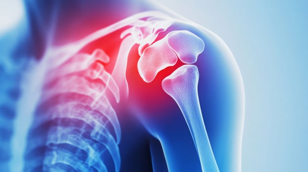 This x-ray reveals the shoulder joint with an emphasis on a possible injury. The skeletal structure is outlined clearly, showing the shoulder blade and accompanying bones. photo