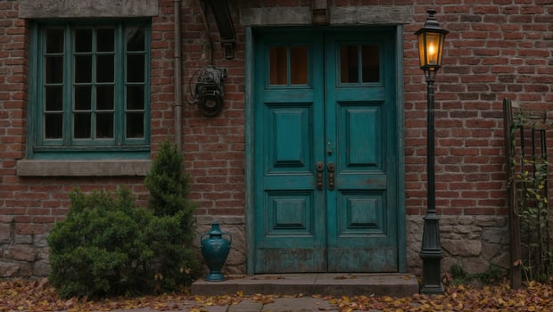 Charming teal doors with vintage lantern near brick wall and greenery in autumn setting photo