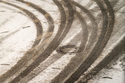 Tire tracks curving on snowy road in winter photo
