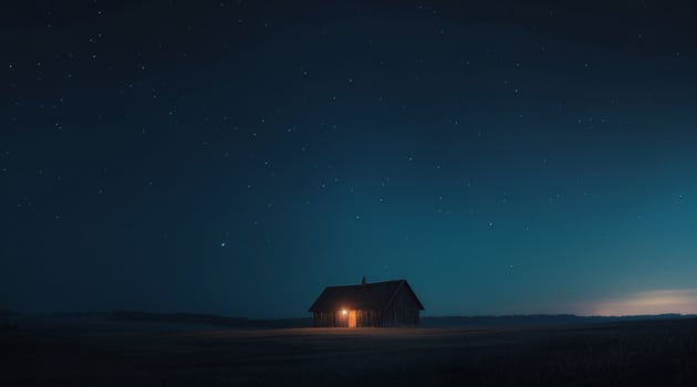 A small house in the middle of a field at night photo