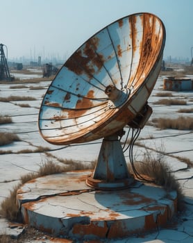 Large rusty satellite dish is standing on a concrete slab in an abandoned industrial wasteland photo