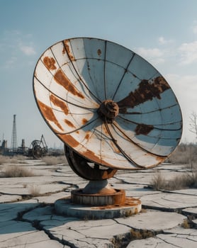 Large rusty satellite dish is standing on a concrete slab in an abandoned industrial wastelandLarge rusty satellite dish is standing on a concrete slab in an abandoned industrial wasteland. photo