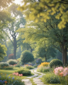 Garden path surrounded by trees and flowers in a peaceful park landscape photo