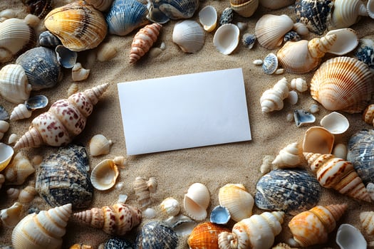Seashell Frame with Blank Card on Sandy Beach - Coastal Design for Invitations or Announcements photo