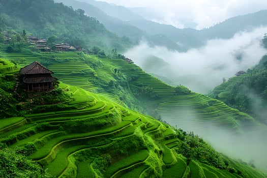 Serene Green Terraced Rice Fields in Misty Mountain Landscape photo