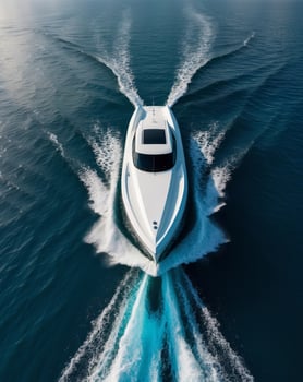 Aerial View of a Speedboat Cutting Through the Deep Blue Ocean. photo