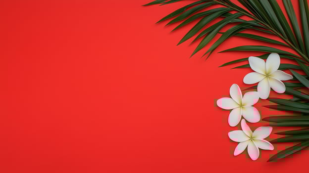 Vibrant Summer Background Featuring Tropical White Flowers and Palm Leaves on Bold Red Backdrop for Seasonal Design Concepts and Warm Weather Inspiration photo