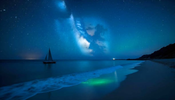 a boat is on the beach under a starry sky photo