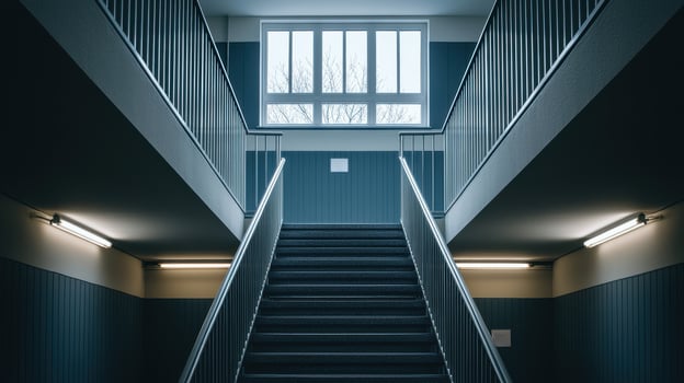 Modern Interior Staircase Design Blue Walls Metal Railings Large Window Upward View photo