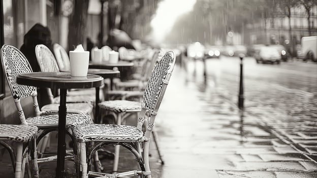 Parisian Cafe Rainy Day Empty Chairs Black and White Street Scene photo