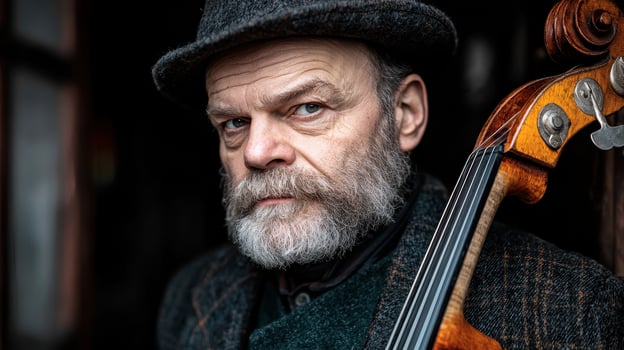 Mature Man with Grey Beard Hat and Cello Portrait Photography photo