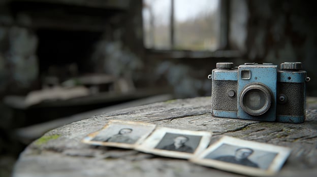 Vintage Camera and Old Photos on Rustic Wooden Table in Abandoned Building