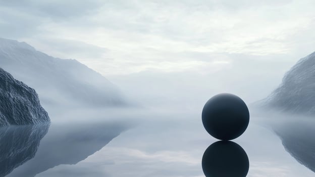 Matte black sphere with reflection floating on misty lake in mountainous landscape photo