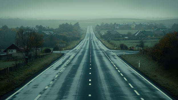 Misty Morning Highway Rural Road Leading Through Foggy Village Landscape photo