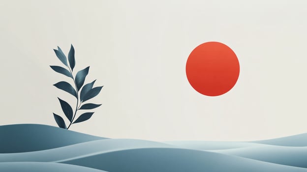 Minimalist landscape with blue plant growing on abstract hills and red sun photo