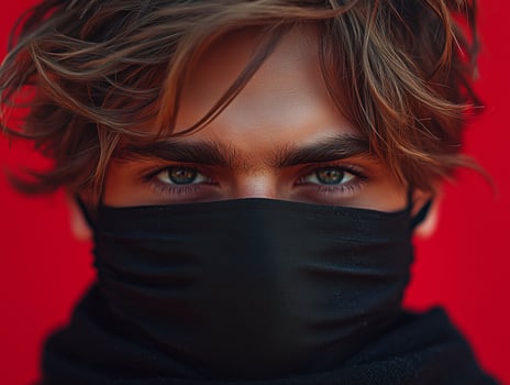 Close-up Portrait of a Man with Tousled Hair Wearing a Black Face Covering on a Red Background photo