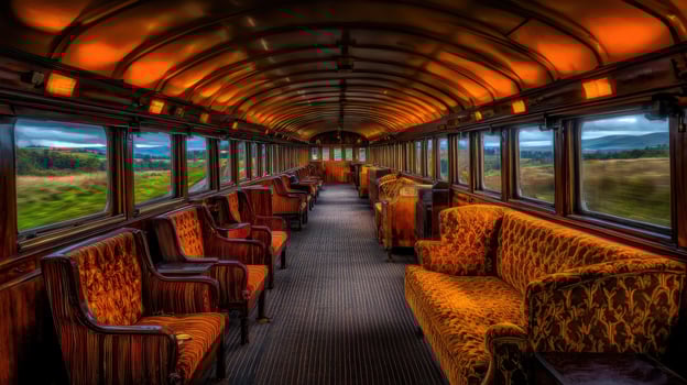 Luxurious Vintage Train Carriage Interior Scenic View Rich Wood Paneling Antique Upholstery photo