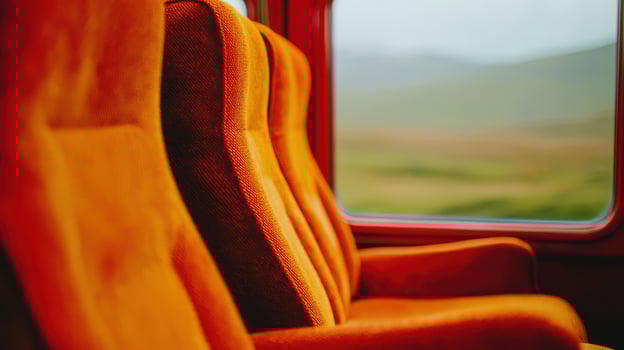 Vibrant Orange Train Seats Scenic View from Window Travel Transportation photo