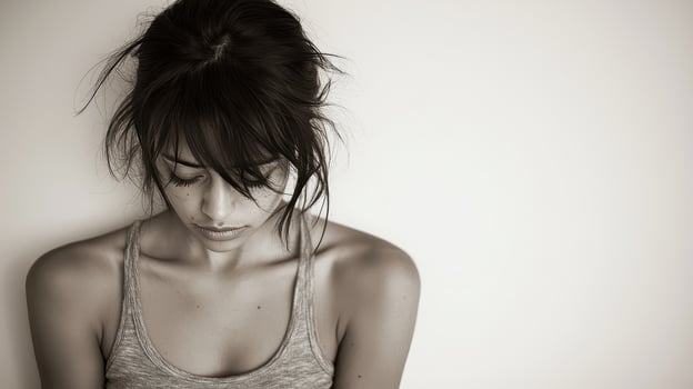Pensive Young Woman with Dark Hair Wearing a Tank Top Indoor Portrait photo