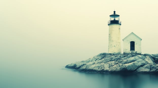 Serene Lighthouse on Rocky Coast in Misty Fog Seascape Photography photo
