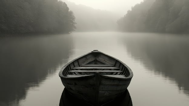 Serene Wooden Rowboat on Misty Lake Calm Water Foggy Forest Background photo