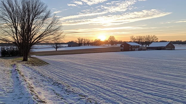Serene Winter Sunset Over Snow Covered Farmland and Houses photo