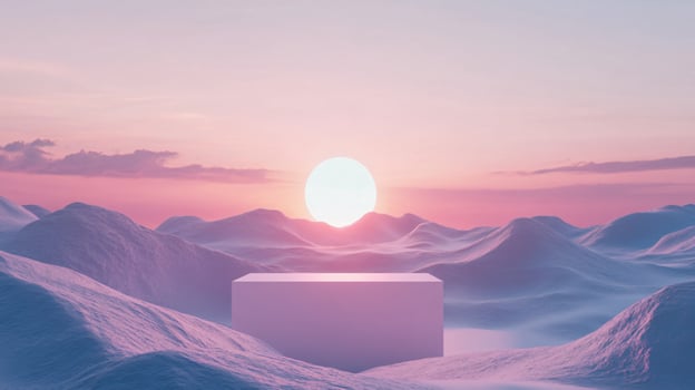 Empty podium displaying product on snowy mountain at sunset with pink sky and sun photo