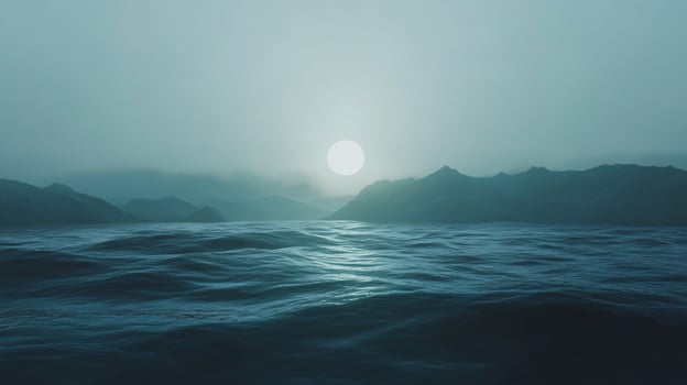 Moon rising over a dark, misty ocean with mountains in the background, creating a mysterious and moody atmosphere photo