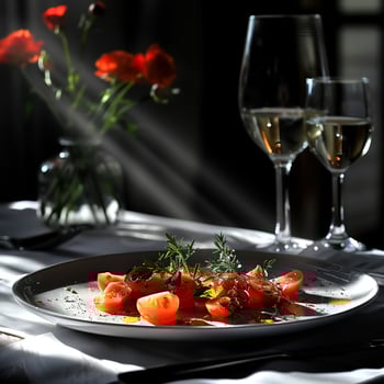 Fresh tomato salad with herbs, elegant dining setting, and wine photo