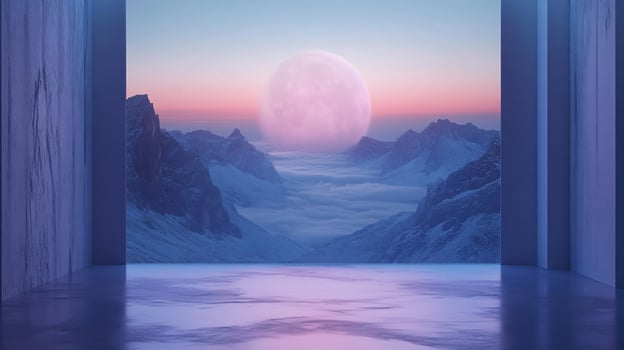 Futuristic empty interior overlooking a snowy mountain valley with a giant pink moon and low clouds at sunset photo