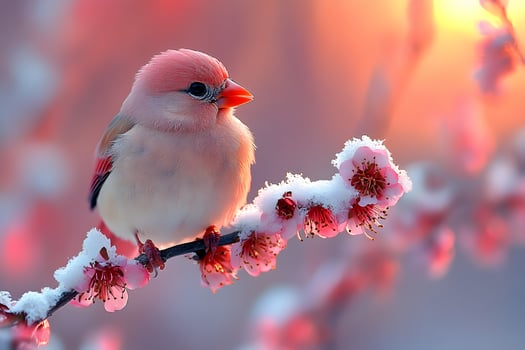 Charming Winter Songbird on Snowy Blossoms During Sunset - Perfect for Seasonal Prints and Nature Posters photo