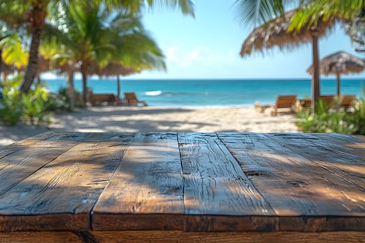 Tropical Beach Vacation Scene with Wooden Table for Summer Relaxation and Travel Brochures photo